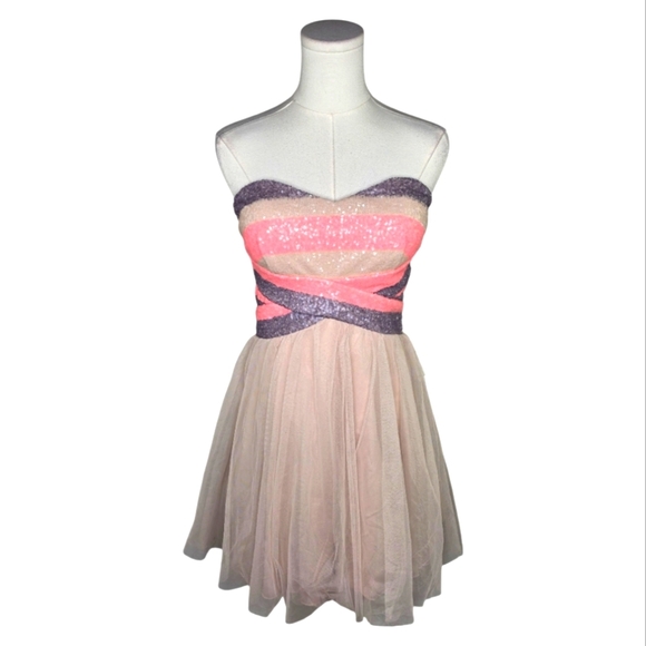 Teeze Me Nude Multi Sequin Strapless Tulle Party Dress Size 7 NWT - Picture 1 of 8